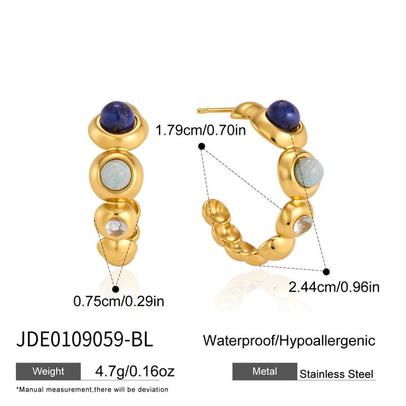 Women's Stainless Steel Cwave Stud Earrings With Natural Stone And Geometric Plated Design
