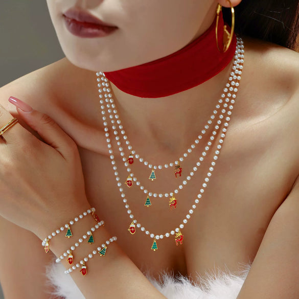 Women's Stainless Steel Deer And Christmas Tree Necklace And Bracelet Set With Imitation Pearl Accents Electroplated Cute Animal Jewelry Gift