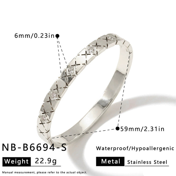 Women's Stainless Steel Diamond Pattern Bracelet With Zircon Inlay Minimalist Design And Vacuum Electroplated Finish