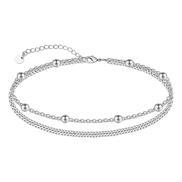 Women's Stainless Steel Double Layer Anklet With Rice Bead Magic Chain Cuban Link And Paper Clip Chain Geometric Simple Fresh Style