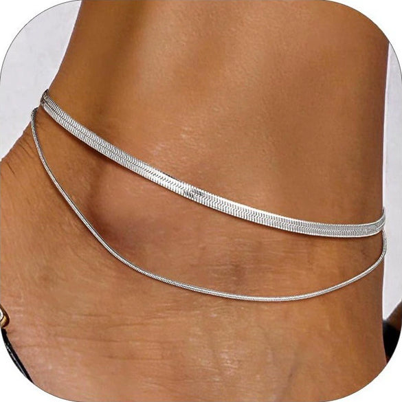 Women's Stainless Steel Double Layer Anklet With Snake Bone And Paperclip Chain Geometric Simple Casual Foot Jewelry
