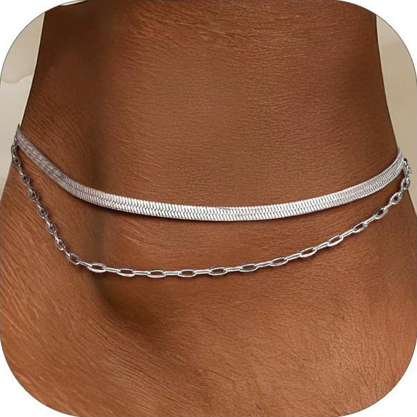 Women's Stainless Steel Double Layer Anklet With Snake Bone And Paperclip Chain Geometric Simple Casual Foot Jewelry