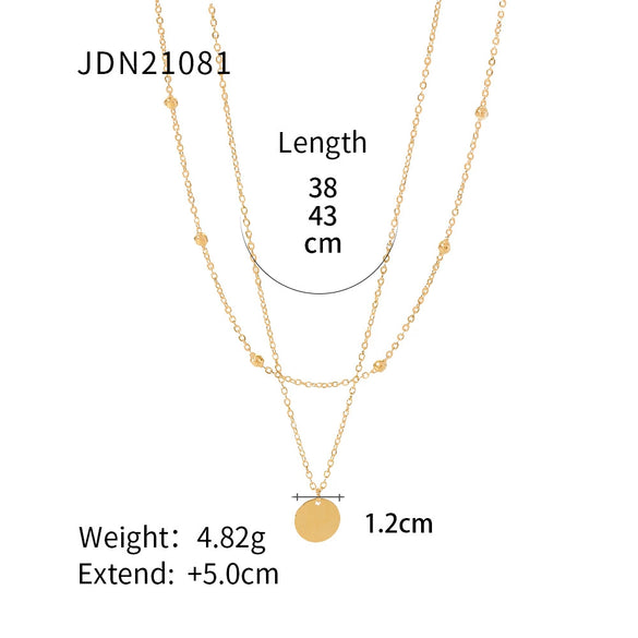 Women's Stainless Steel Double Layer Disc Pendant Necklace With 18K Gold Plated Electroplated Bead Chain And Geometric Design