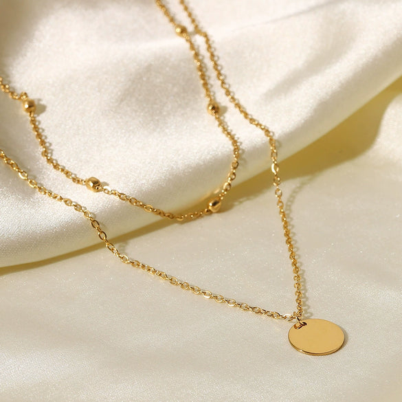 Women's Stainless Steel Double Layer Disc Pendant Necklace With 18K Gold Plated Electroplated Bead Chain And Geometric Design