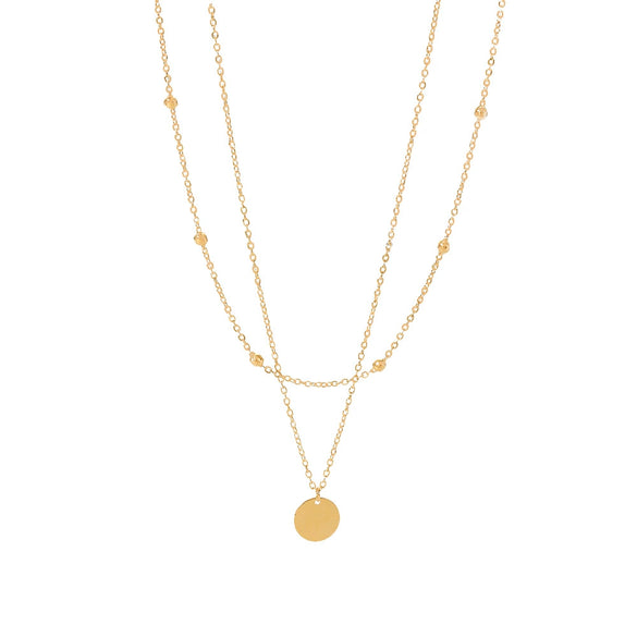 Women's Stainless Steel Double Layer Disc Pendant Necklace With 18K Gold Plated Electroplated Bead Chain And Geometric Design
