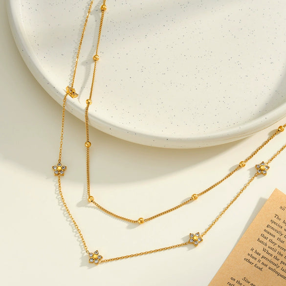 Women's Stainless Steel Double Layer Flower Necklace With Geometric Pendant And Rhinestone Accents 18K Vacuum Electroplated Jewelry