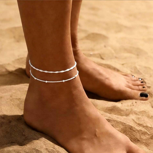 Women's Stainless Steel Double Layer Geometric Snake Bone Rice Bead Anklet Simple Elegant Casual Foot Jewelry