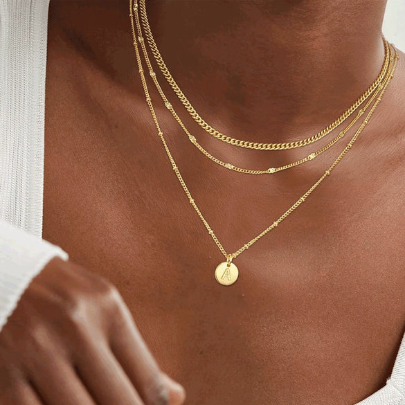 Women's Stainless Steel Double Layer Initial Disc Pendant Necklace With Letter Design Electroplated Casual Jewelry