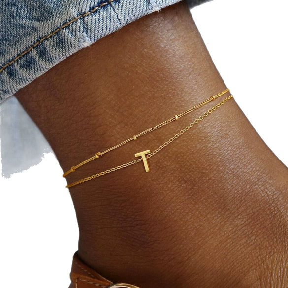 Women’s Stainless Steel Double Layer Letter Anklet With Millet Beads And Gold Tone Finish Simple Fashion Foot Jewelry