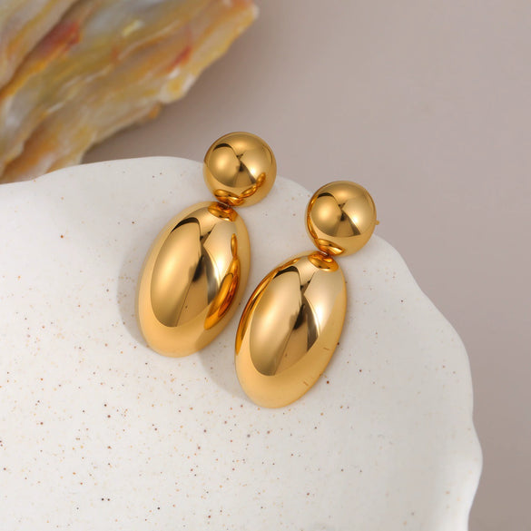 Women's Stainless Steel Double Teardrop Dangle Earrings With Smooth Geometric Oval Bean Shape And Two Tone Electroplated Minimalist Fashion Design