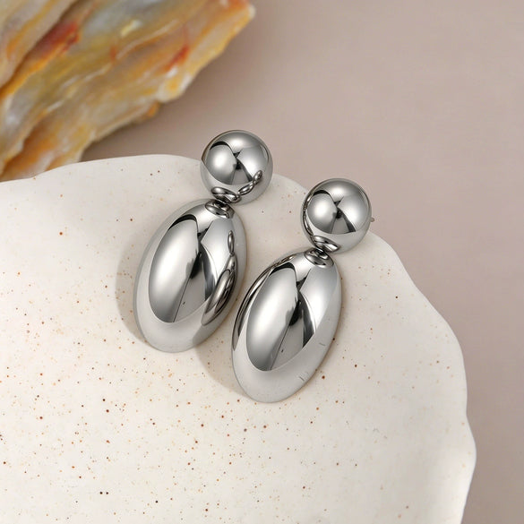 Women's Stainless Steel Double Teardrop Dangle Earrings With Smooth Geometric Oval Bean Shape And Two Tone Electroplated Minimalist Fashion Design