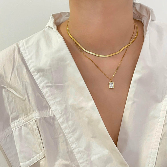 Women's Stainless Steel Doublelayer Stacked Snake Bone Chain Necklace With Geometric Design And Electroplating Treatment