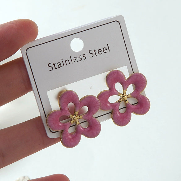 Women's Stainless Steel Drip Oil Flower And Butterfly Geometric Earrings With Petal Design Western Style Fashion Jewelry