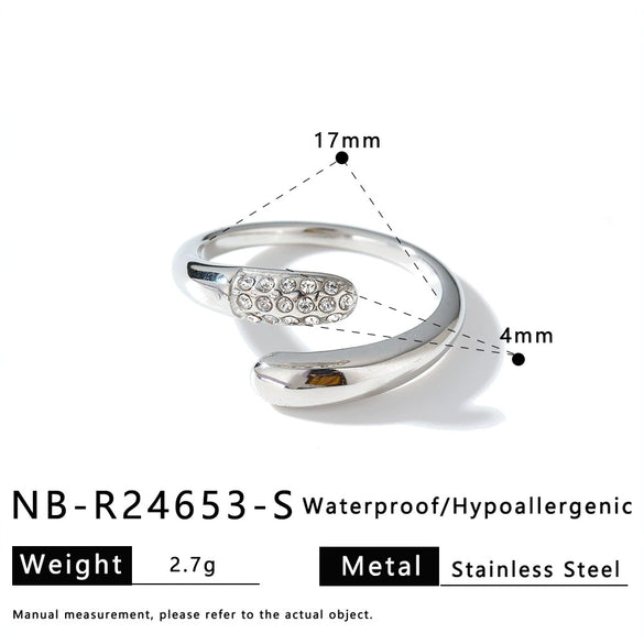 Women's Stainless Steel Drop Shape Geometric Open Ring With Rhinestone Inlay And 18K Vacuum Electroplated Finish