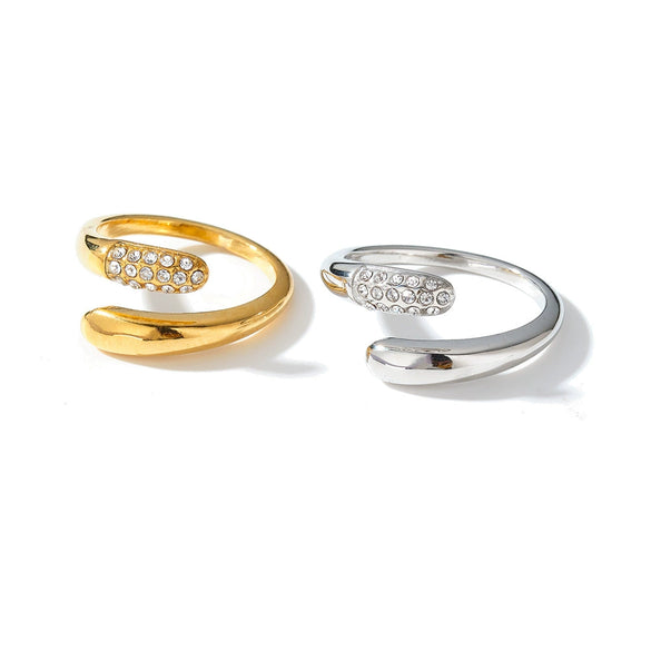 Women's Stainless Steel Drop Shape Geometric Open Ring With Rhinestone Inlay And 18K Vacuum Electroplated Finish