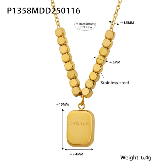 Women's 316L Stainless Steel Earrings And Necklace Combination With Square Card Lettering Pendant In Ins Wind Electroplated