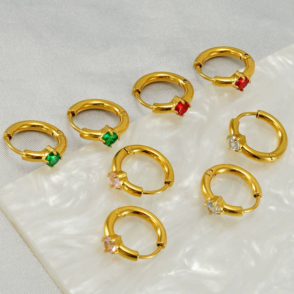 Women's 316L Stainless Steel Earrings 18K Gold Plated With Geometric Design Inlaid With Color Zircon
