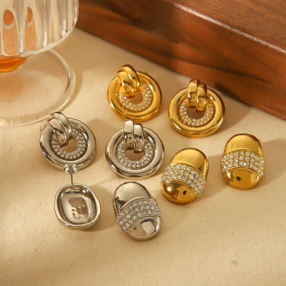 Women's Stainless Steel Earrings With Diamond And Geometric Design