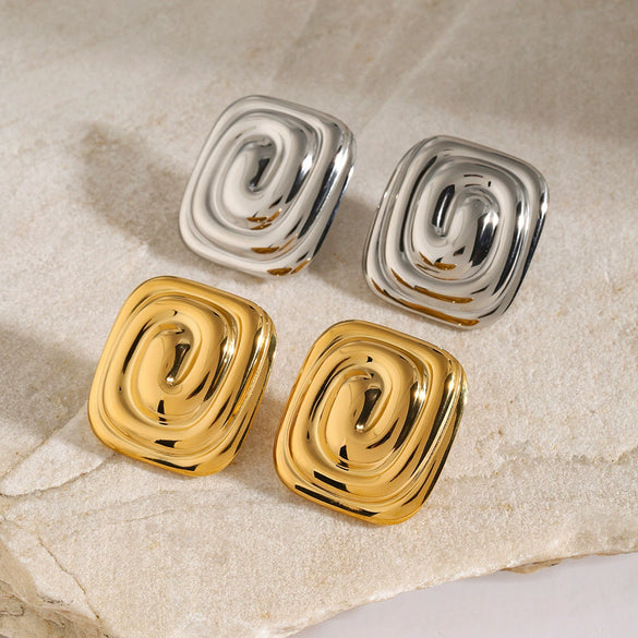 Women's Stainless Steel Earrings With Geometric Rectangular Spiral Pattern And Vortex Shape Electroplated