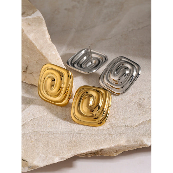 Women's Stainless Steel Earrings With Geometric Rectangular Spiral Pattern And Vortex Shape Electroplated