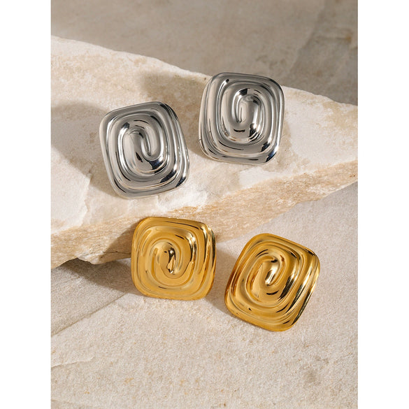 Women's Stainless Steel Earrings With Geometric Rectangular Spiral Pattern And Vortex Shape Electroplated