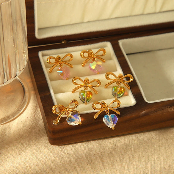 Women's Stainless Steel Earrings With Heart And Bow Pattern High Sense Style Electroplating Process