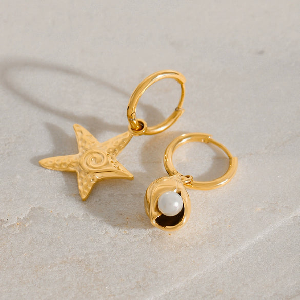 Women's Stainless Steel Earrings With Pearl Inlaid Starfish And Conch Light Luxury Style Geometric Pattern Hammered Electroplated