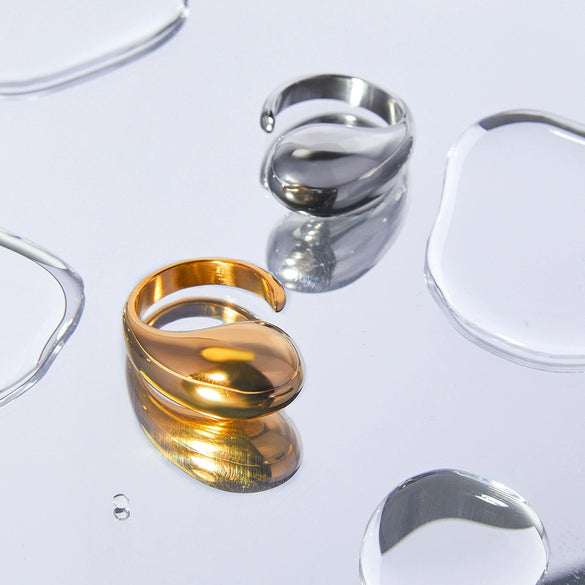 Women's Stainless Steel Electroplated Gold Exaggerated Water Dropper Open Ring With Geometric Design