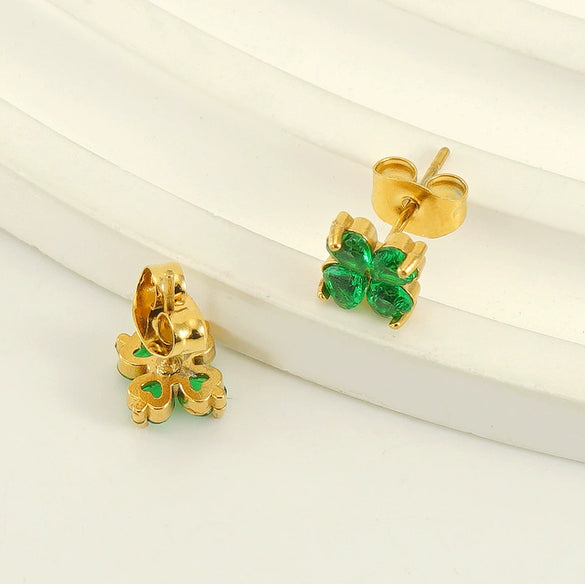 Women's 316L Stainless Steel Electroplated Inlaid Zircon Four Leaf Clover Earrings