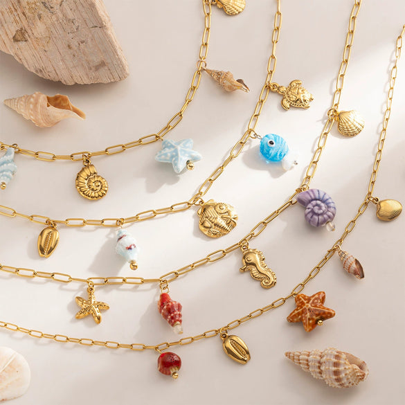 Women's Stainless Steel Electroplated Starfish And Seahorse Pendant Necklace Jewelry