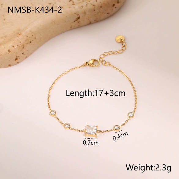 Women's Stainless Steel Electroplated Tennis Chain Bracelet Set With Geometric Heart And Star Pendant Design