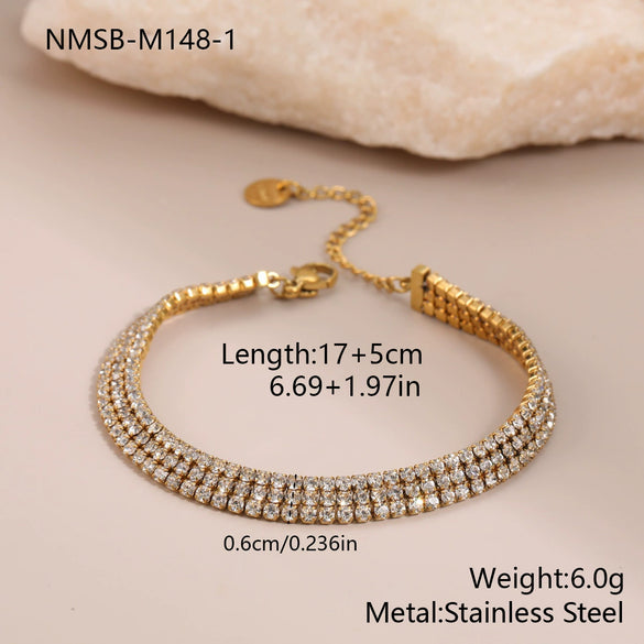 Women's Stainless Steel Electroplated Tennis Chain Bracelet Set With Geometric Heart And Star Pendant Design