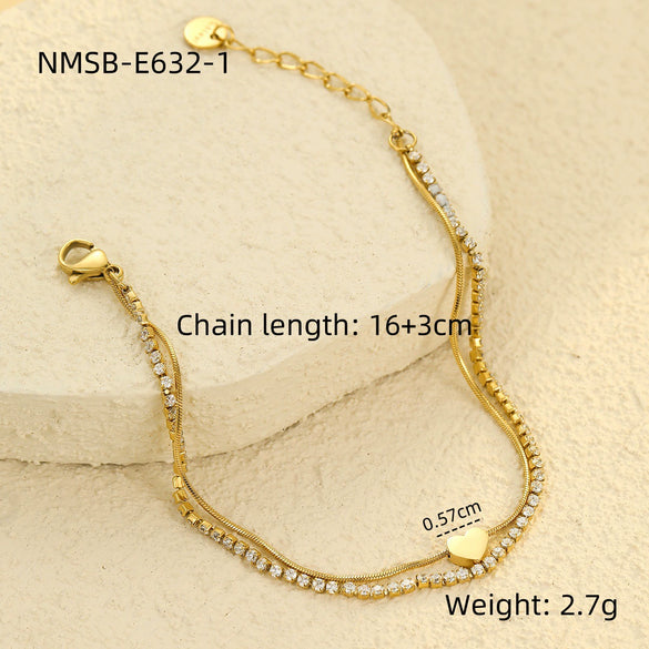 Women's Stainless Steel Electroplated Tennis Chain Bracelet Set With Geometric Heart And Star Pendant Design
