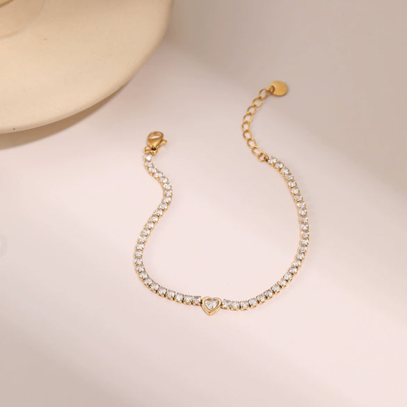Women's Stainless Steel Electroplated Tennis Chain Bracelet Set With Geometric Heart And Star Pendant Design
