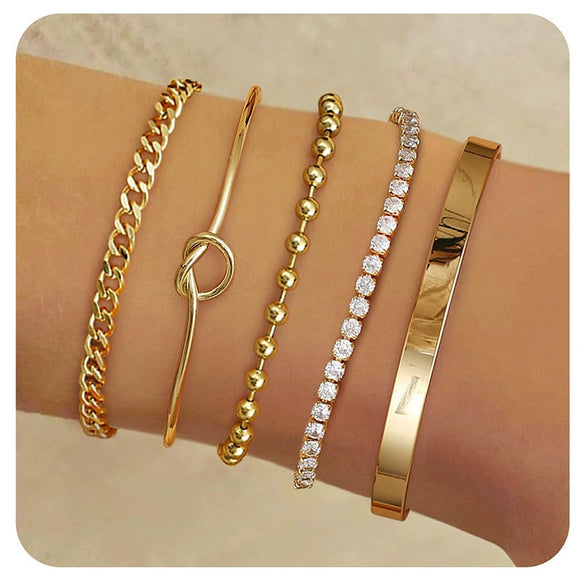 Women's Stainless Steel Electroplated Wide Brick Paper Chain Snake Chain Stacked Bracelet Set Fashion Personality Style