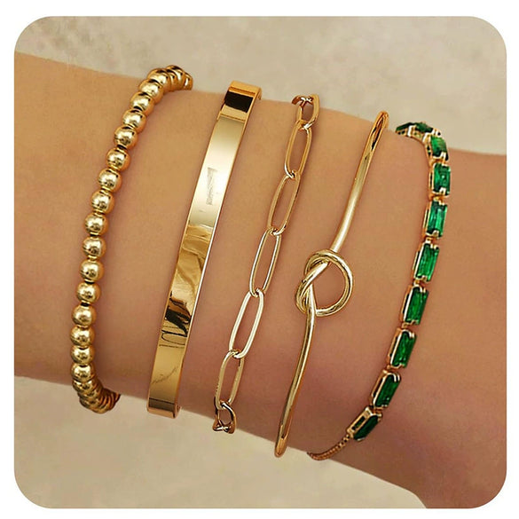 Women's Stainless Steel Electroplated Wide Brick Paper Chain Snake Chain Stacked Bracelet Set Fashion Personality Style