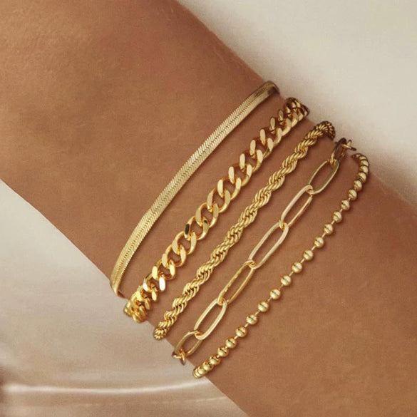 Women's Stainless Steel Electroplated Wide Brick Paper Chain Snake Chain Stacked Bracelet Set Fashion Personality Style