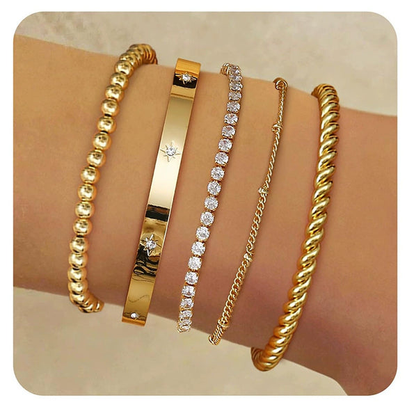 Women's Stainless Steel Electroplated Wide Brick Paper Chain Snake Chain Stacked Bracelet Set Fashion Personality Style