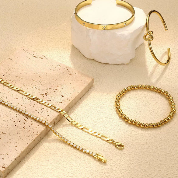 Women's Stainless Steel Electroplated Wide Brick Paper Chain Snake Chain Stacked Bracelet Set Fashion Personality Style