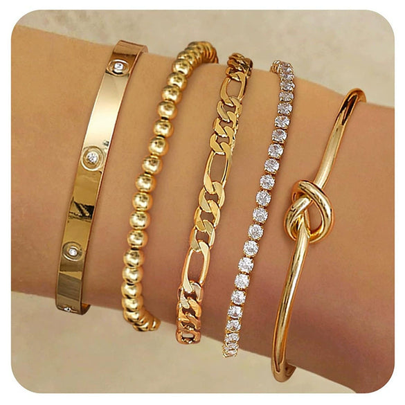 Women's Stainless Steel Electroplated Wide Brick Paper Chain Snake Chain Stacked Bracelet Set Fashion Personality Style