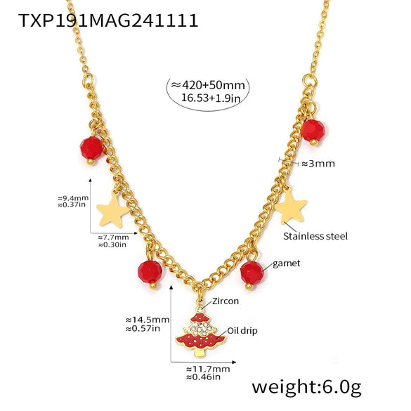 Women's Stainless Steel Enamel And Zircon Christmas Tree Necklace Bracelet And Earrings Jewelry Set