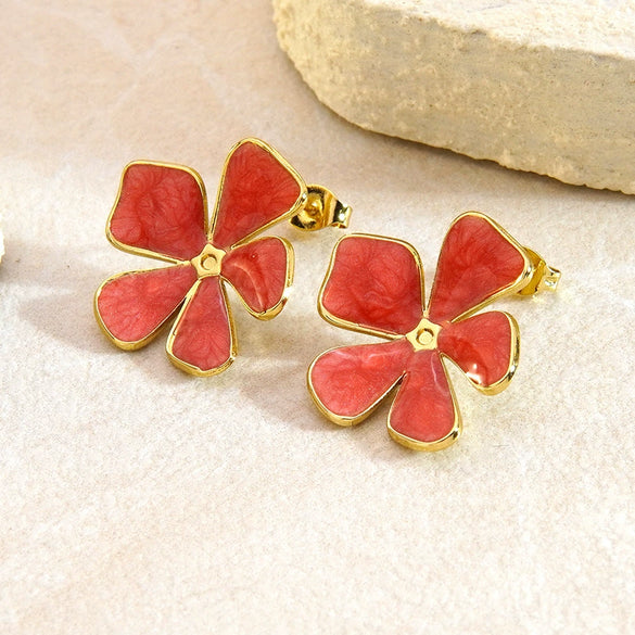 Women's Stainless Steel Enamel Flower Earrings With Non Fading Floral Design Versatile Fashion Jewelry