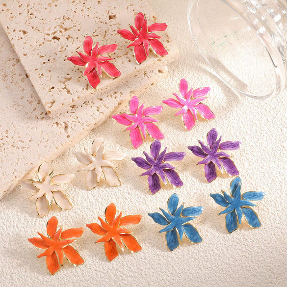 Women’s Stainless Steel Enamel Glaze Flower Earrings With Layered Petal Design Fashion Floral Statement Jewelry