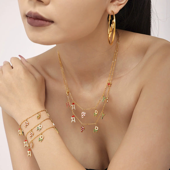 Women's Stainless Steel Enamel Letter Jewelry Set With Zircon Necklace Bracelet And Earrings Electroplated Light Luxury Design