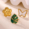 Women’s Stainless Steel Enamel Open Ring With Geometric Leaf And Butterfly Cutout Design And Goldplated Finish