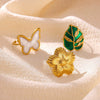 Women’s Stainless Steel Enamel Open Ring With Geometric Leaf And Butterfly Cutout Design And Goldplated Finish