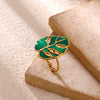 Women’s Stainless Steel Enamel Open Ring With Geometric Leaf And Butterfly Cutout Design And Goldplated Finish