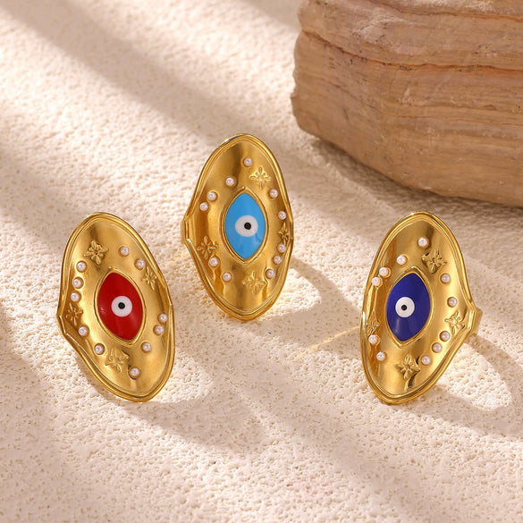 Women's Stainless Steel Evil Eye Open Ring With Enamel And Pearl Inlay Retro Gold Plated Statement Jewelry
