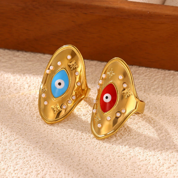 Women's Stainless Steel Evil Eye Open Ring With Enamel And Pearl Inlay Retro Gold Plated Statement Jewelry
