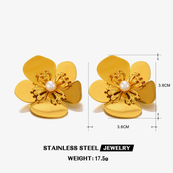 Women's Stainless Steel Exaggerated Oversized Flower Electroplated Geometric Earrings With Pearls